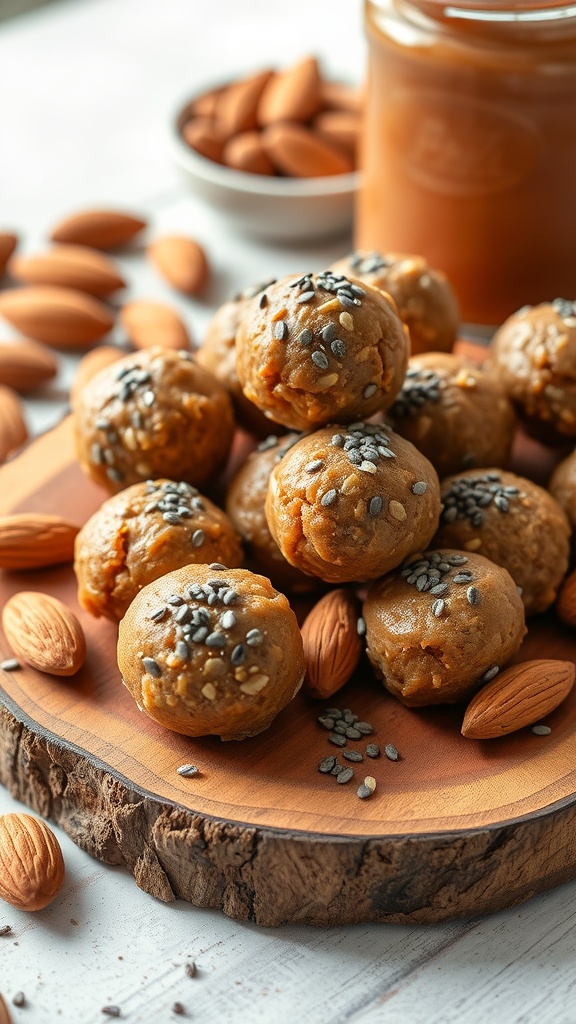 Healthy no-sugar almond energy bites displayed on a wooden board with almonds and almond butter.